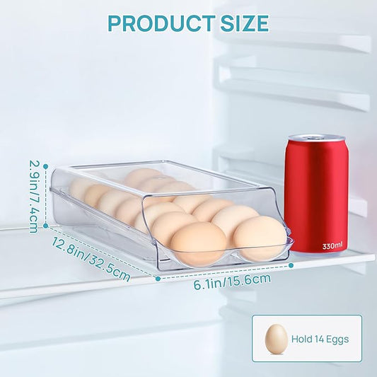 Vtopmart Clear Plastic Egg Holder for Fridge, Automatic Rolling Egg Container for Refrigerator, Stackable 14-Count Eggs Organizer with Removable Inner Tray, Fridge Organizers and Storage, 1Pack