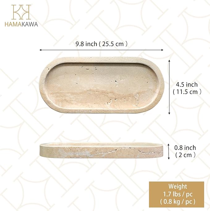 Bathroom Vanity Tray, Natural Marble Oval Sink Tray 10 inch, Beige Travertine Vanity Tray for Soap Dispenser Modern Countertop Organizer for Kitchen Countertops, Home Decor