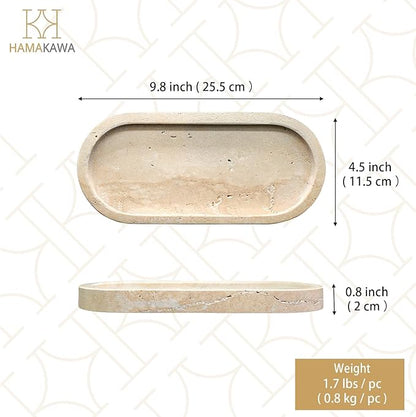 Bathroom Vanity Tray, Natural Marble Oval Sink Tray 10 inch, Beige Travertine Vanity Tray for Soap Dispenser Modern Countertop Organizer for Kitchen Countertops, Home Decor
