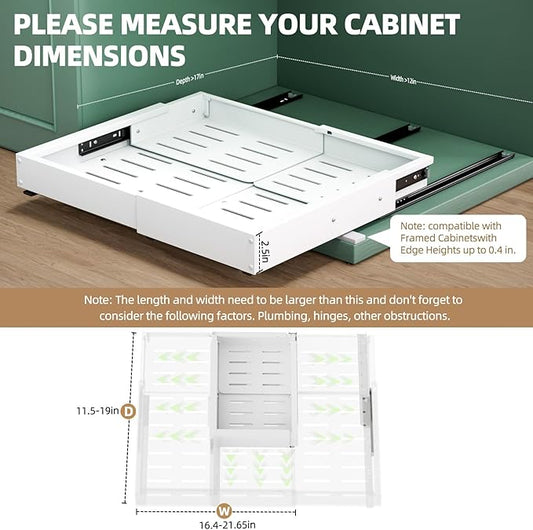 2 Pack Expandable Pull Out Cabinet Organizer, Width (12"-19" ) & Depth (16.5"-22")No Drill Adjustable Cabinet Pull Out Shelves for Kitchen,Pantry, Adhesive Roll Out Shelves for Kitchen Cabinets-White