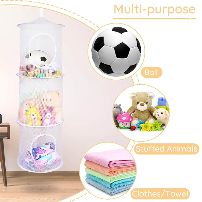 Basumee Stuffed Animals Net or Hammock 2 Pcs Stuffed Animals Storage Toy Net Hammock for Plushies Storage Organizer Mesh Kids Girls Room Decor, White, 3 Tiers