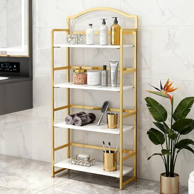 JSB No Assembly Folding Bookshelf, 4 Tier Book Shelf for Storage, Vintage Wood Foldable Bookcase for Living Room, Bedroom, Office Organization Shelves