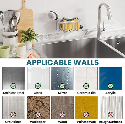 TAILI Sponge Holder for Kitchen Sink with Strong Suction Cup, Rustproof Aluminum Sink Caddy for Sponges, Brushes, Stoppers & Scrapers, Silver