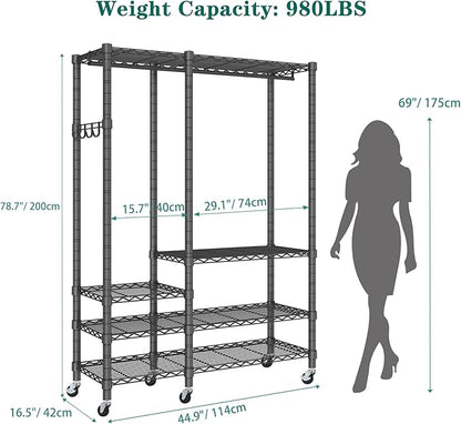 Rolling Clothes Rack, Heavy Duty Garment Rack for Hanging Clothes, Wire Adjustable Rolling Clothing Rack with Lockable Wheels & 2 Hanger Rods, Max Load 850LBS, Black