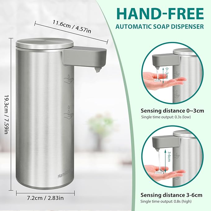 Mamiddle Automatic Soap Dispenser Stainless Steel with Sensor Infrared Soap Dispenser Electric IPX5 Waterproof USB-C Charging Motion Sensor for Kitchen & Bathroom (Silver)
