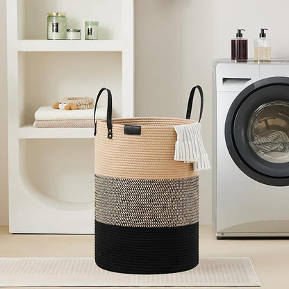 VIPOSCO Tall Laundry Basket, Large Dirty Clothes Hamper with Leather Handle, Woven Rope Storage Basket for Blanket, Toy In Living Room, Bathroom, Bedroom - 100L Brown & Black