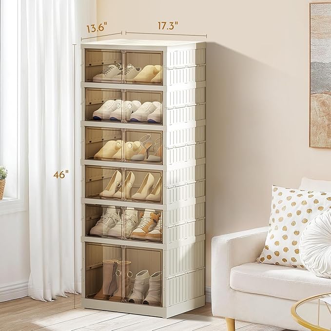 ELPHECO 6 Tier 12 Pairs Foldable Shoe Rack Shoe Organizer with Magnetic Doors, Entryway Folding Shoe Shelf, Easy Assembly Sneaker Cabinet, Plastic Shoe Storage Container Bins