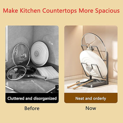 Kitchen Pot Lid Storage Rack, 304 Stainless Steel Pot Lid Holder While Cooking Spoon Holder & Removable Drip Tray, Pan Lid Organizer for Kitchen Countertop (Gray - Single Layer)
