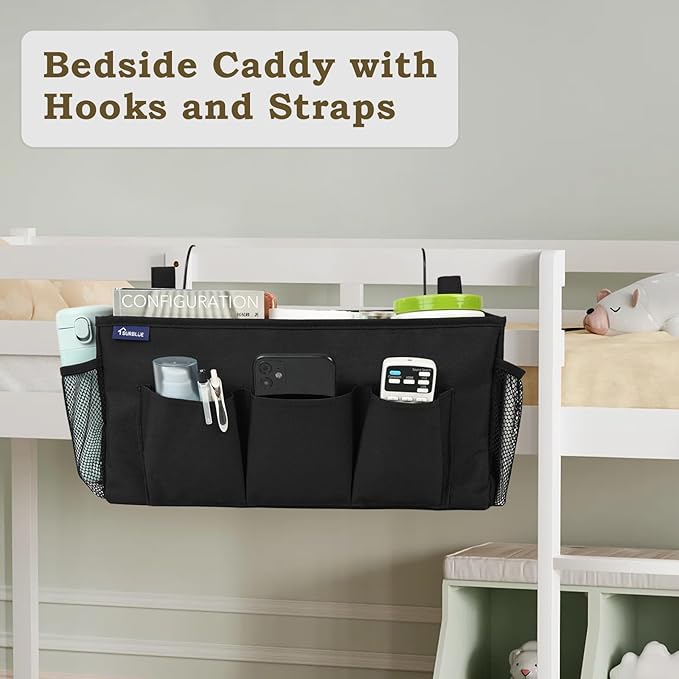 Surblue Bedside Organizer with Hook Bedside Caddy Hanging Storage Bag with Adjustable Strap and Water Bottle Holder for Home College Dorm Bunk Bed Accessories, Crib Bed Rail, Hospital Bed, Black, 2PCS