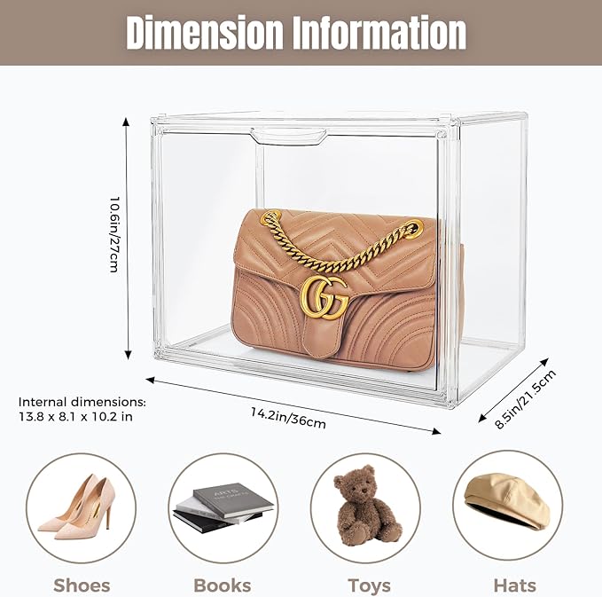 Cutora 6Pack Purse Organizer for Closet Clear Acrylic Display Case Handbag Storage Organizer Box with Magnetic Door Stackable Storage Bins with Dustproof Lid for Book Toys Shoes Cosmetic Collectibles