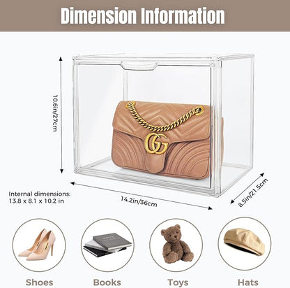 Cutora 6Pack Purse Organizer for Closet Clear Acrylic Display Case Handbag Storage Organizer Box with Magnetic Door Stackable Storage Bins with Dustproof Lid for Book Toys Shoes Cosmetic Collectibles