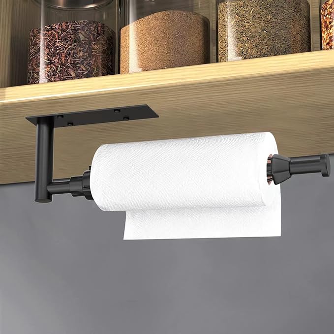 VAEHOLD Self Adhesive Paper Towel Holder Under Cabinet Mount, Wall Mounted Paper Towel Roll Holder with Damping Effect for Kitchen, Bathroom, Wall - SUS304 Stainless Steel (Matte Black)