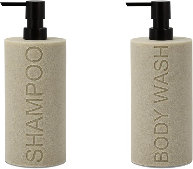 Indecor Home Resin 2 Pack Shampoo, Conditioner or Body Wash Dispenser Set, Luxurious Refillable Pump Bottles with Matte Pump Top and Embossed Text, Durable Design for Bathroom and Shower