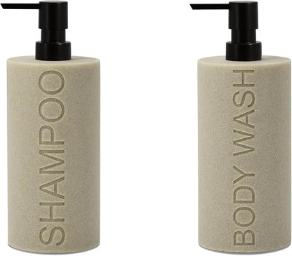 Indecor Home Resin 2 Pack Shampoo, Conditioner or Body Wash Dispenser Set, Luxurious Refillable Pump Bottles with Matte Pump Top and Embossed Text, Durable Design for Bathroom and Shower