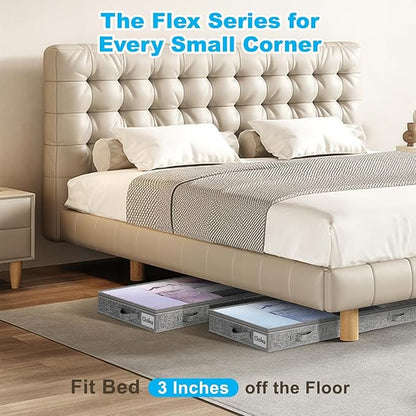3 Inch Low Profile Under Bed Storage Drawer 2 Pack, Lightweight Underbed Clothes Storage Container Bins with NO STURCTURE, Shallow Storage Bag for Dorm & Home, With Clear Lids & Water-Resistant Fabric