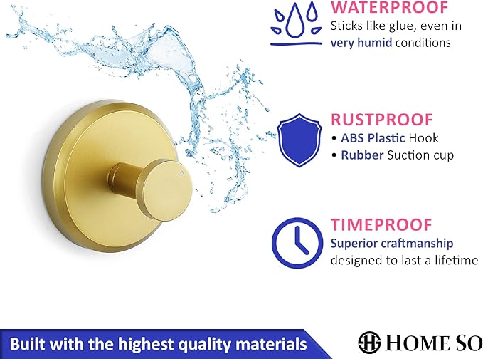 HOME SO Suction Cup Hooks for Shower, Bathroom, Kitchen, Glass Door, Mirror, Tile – Loofah, Towel, Coat, Bath Robe Hook Holder for Hanging up to 15 lbs – Waterproof, Matte Brushed Satin Gold (4-Pack)