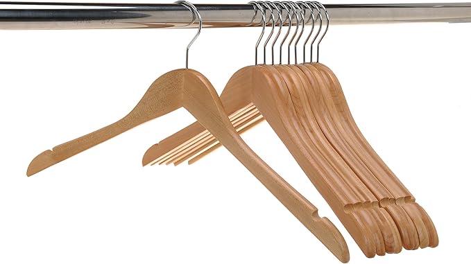 Quality Semi Curved Wooden Suit Hangers, 10-Pack Smooth Finish Solid Wood Coat Hanger with Swivel Hook, Jacket, Pant, Dress Clothes Hangers (Natural, 10)