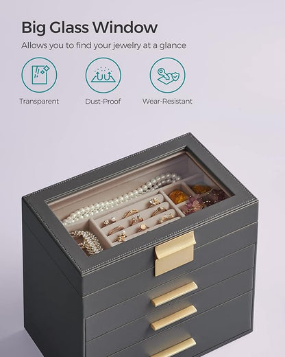 SONGMICS Jewelry Box Organizer with Glass Lid, 4-Layer Jewelry Storage, with 3 Drawers, Modern Style, 6 x 9.9 x 8.5 Inches, Interstellar Gray and Gold Color UJBC161C01