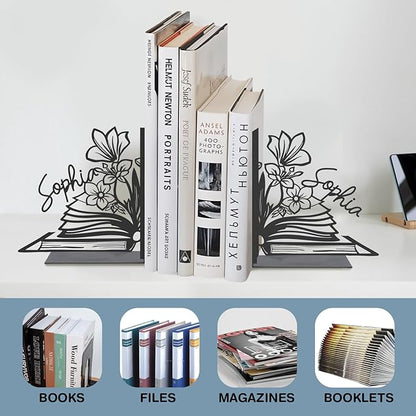 Personalized Flower Book Ends for Shelves 2 Pcs, Custom Name Metal Book Holders, Unique Bookends for Heavy Books, Non-Slip Book Stopper, Home Office Desk Bookshelf Decor, Customized Gifts