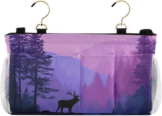 CuwrYet Bedside Caddy Hanging Bunk Bed Caddy Bed Organizer Hanging Pocket with 2 Hooks Bedside Storage Organizer Pocket Bag Holder Purple Stag Mountains and Forest