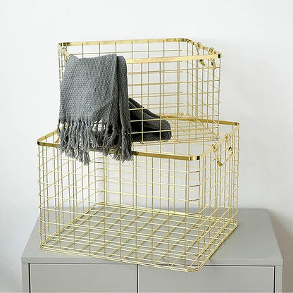 Set of 3 Nested Wire Basket Trays for Storage and Organizing (Gold)