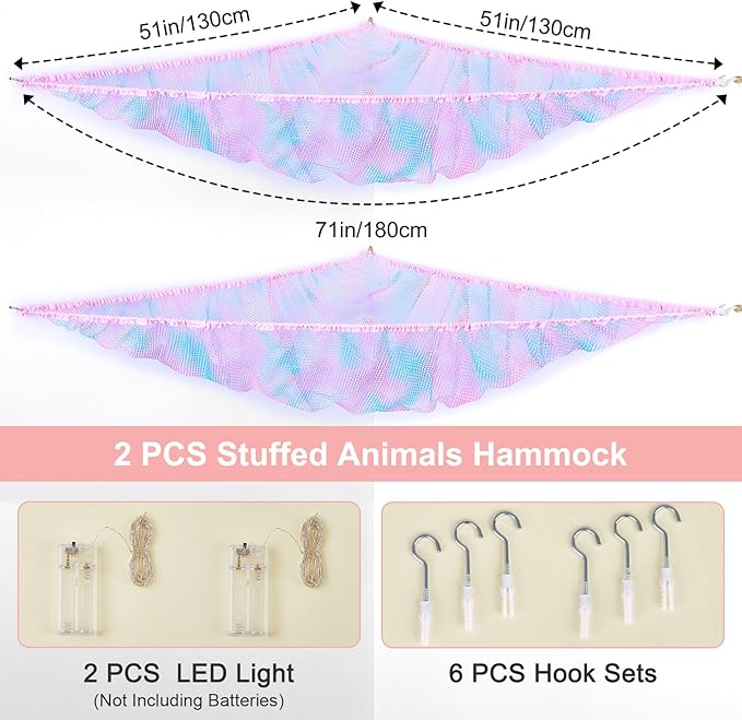 Unicorn Castle Stuffed Animals Net or Hammock Kids Toy Storage Organizer with LED Light Hanging Corner Stuffed Animals Holder Kids Girls Room Decor,Blue-Purple,Large (Pack of 2)