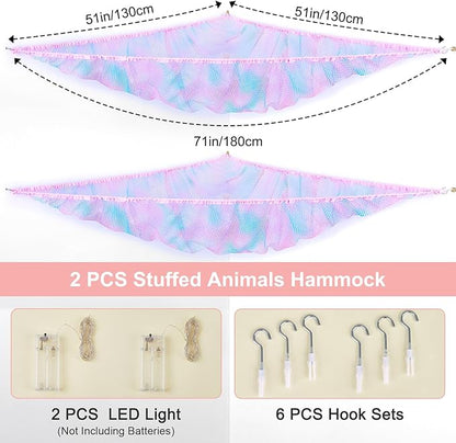 Unicorn Castle Stuffed Animals Net or Hammock Kids Toy Storage Organizer with LED Light Hanging Corner Stuffed Animals Holder Kids Girls Room Decor,Blue-Purple,Large (Pack of 2)