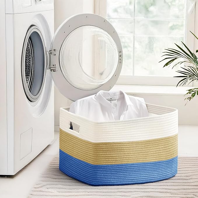 Cotton Rope Basket,Large Blanket Basket for Living Room,Woven cotton rope laundry baskets，For Bathroom Dirty Clothes ，Nursery Toys，pillow storage organization, 72L，white and dark blue.