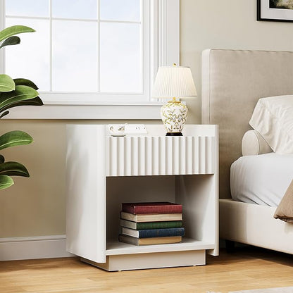 Bigbiglife Fluted Nightstand with Charging Station, 22" Modern Side Table with Drawer End Table with Open Storage, Bedside Table for Bedroom, Living Room, Natural Oak (1, Off White)