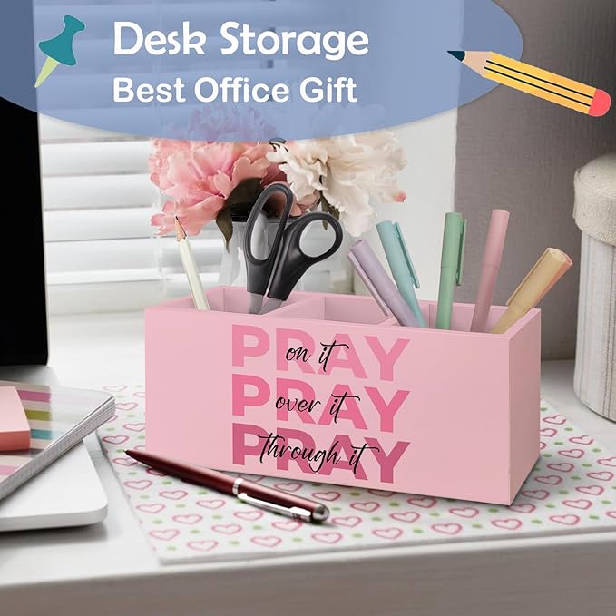 SNNDER Christian Pen Holder for Desk, Prayer Christian Gifts for Women, Pray on It Pray Over It Pray Through It Wooden Pen Pencil Holder Organizer for Home Office Desk Accessories(PINK)