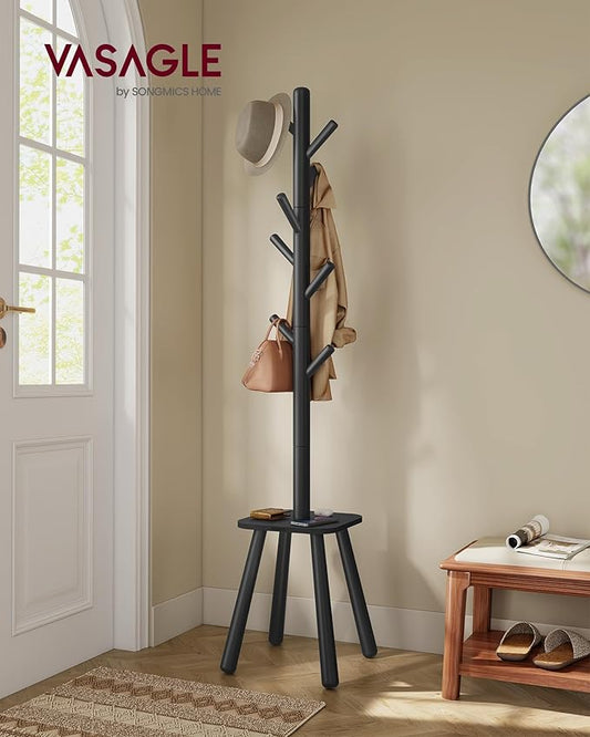 VASAGLE Coat Rack, Free Standing Coat Stand, Hall Coat Tree with 8 Hooks and Storage Shelf, 69.2 Inch Tall, for Coats, Hats, Bags, for Entryway, Hallway, Bedroom, Ink Black URCR033B01