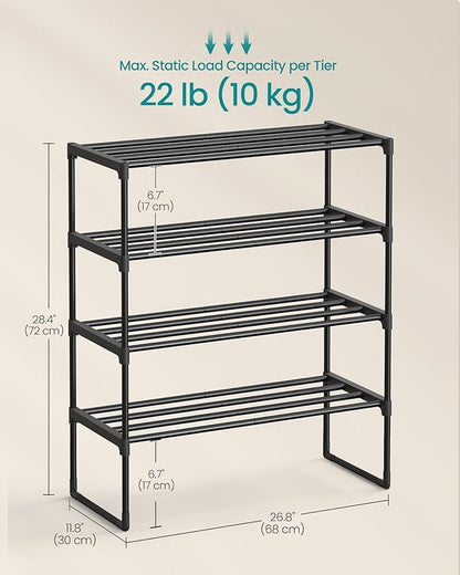 SONGMICS Shoe Rack, 4-Tier Shoe Organizer, Metal Storage Shelf, Upright or Upside Down, for 10-15 Pairs, Stackable, for Entryway, 11.8 x 26.8 x 28.4 Inches, Black ULSA204B01