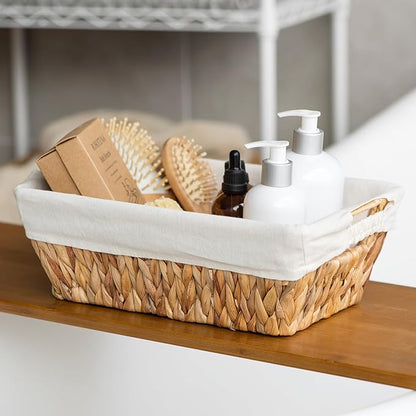 JS HANGER Wicker Storage Basket with Washable Liners, Metal Frame, Set of 2, 12.6"L x 8.7"W x 4.3"H, Water Hyacinth Woven Basket for Pantry, Toilet, Bathroom, Bedroom, Patio, Natrual