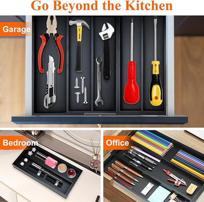 Bamboo Kitchen Tool Drawer Organizer Storage Black Cutlery Tray Expandable Silverware Drawer Divider Organizers Large Cooking Utensil Holder for Drawers Spoon Flatware Organizer Silverware Trays