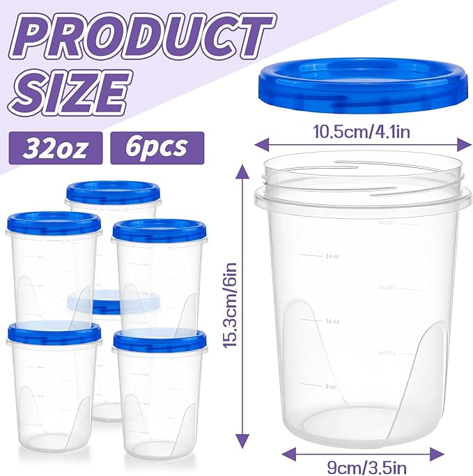 ISUSSER 6 Pack Freezer Containers with Screw On Lids, 32 Oz Stackable Reusable Plastic Storage Container, Airtight Plastic Food Storage Containers with Twist Top Lids for Food Soup Jello Sauce