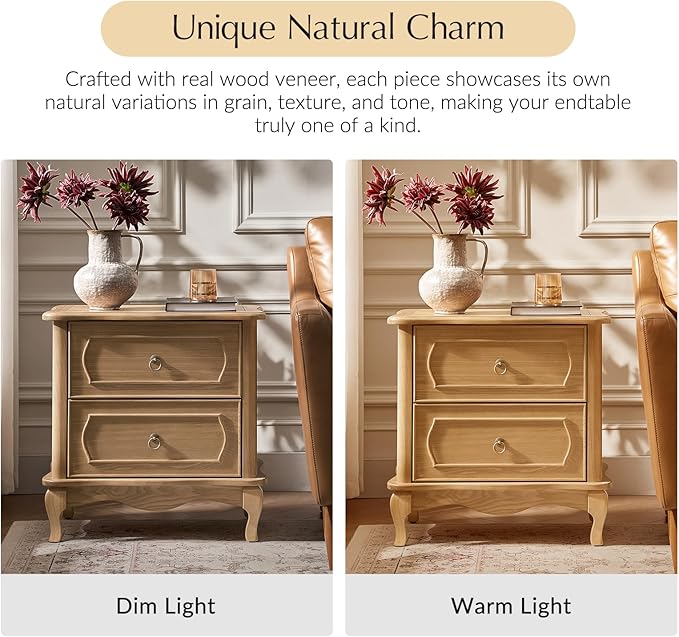 HULALA HOME Nightstand with 2 Drawers of Sculpted Drawer Front, French End Table with Curved Tabletop, Vintage Night Stand with Charging Station, Solid Wood Legs(Oak)