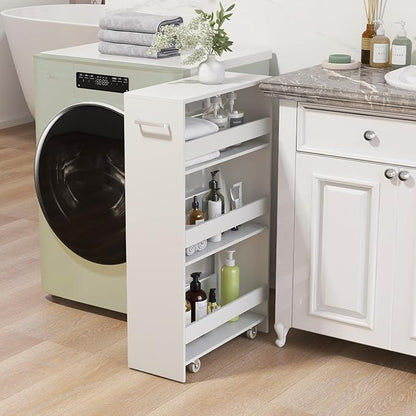 LOKO 4-Tier Rolling Storage Cart, 8 Inches Slim Kitchen Cart on Wheels with Open Shelves & Handle, Laundry Room Cart Between Washer and Dryer, for Narrow Space Bathroom Next to Fridge (White)