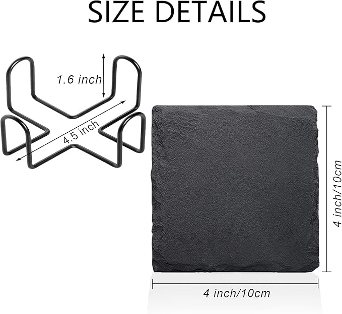 4 PCS Square Slate Drink Coasters Set, SIJDIEE 4 Inch Laser Engraving Black Slate Stone Coasters with Anti-Scratch Bottom and Coaster Holder for Office Bar Kitchen Home Dinner Table Decor Supplies