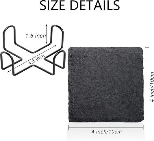 4 PCS Square Slate Drink Coasters Set, SIJDIEE 4 Inch Laser Engraving Black Slate Stone Coasters with Anti-Scratch Bottom and Coaster Holder for Office Bar Kitchen Home Dinner Table Decor Supplies