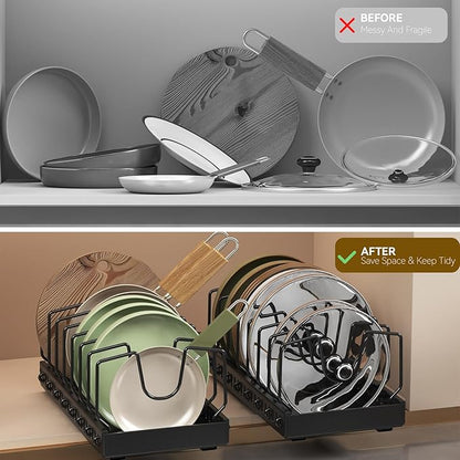 WOSHEN Pot Lid Organizer, Pull-out Pots and Pans Organizer, Under Cabinet Pot Lid Holder for Kitchen, Pots and Pans Storage with 8 Adjustable Dividers (Black, Sliding type)