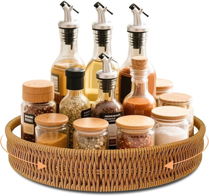 12 Inch Rattan Lazy Susan Turntable Organizer, Round Rotating Wicker Serving Tray with Handles for Kitchen Counter, Coffee Table, Cabinet Storage