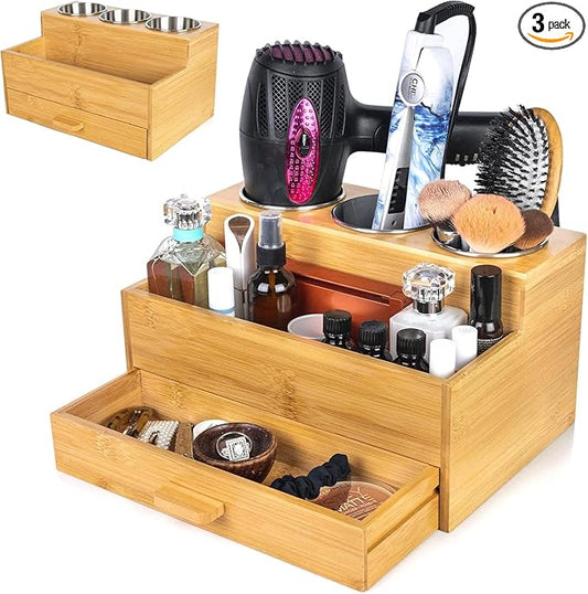 Sol-Eco Hair Tool Storage Organizer, Bamboo Hair tool organizer for Bathroom, Kitchen and Makeup,Hair organizer storage Perfect for Storing Blow Dryer, Straightener and Brush