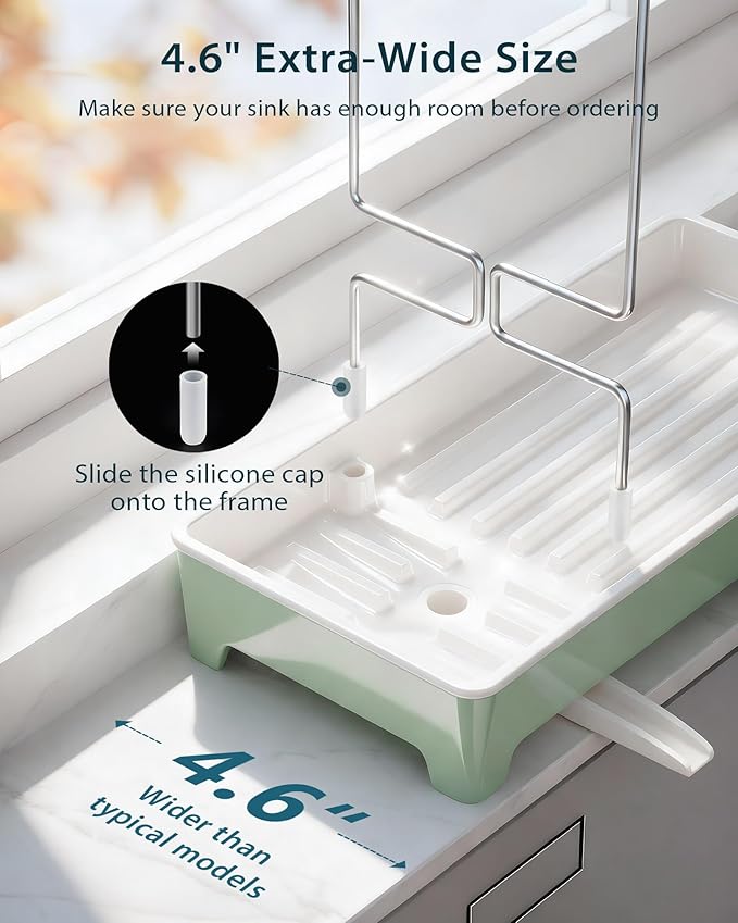 Caumic Minimalist Sink Caddy, Rustproof Sponge Holder for Kitchen Sink with 304 Stainless-Steel Brush Holder, Countertop Rack Organizer with Raised Ridges & Silicone Drain Tube (Mint Green)