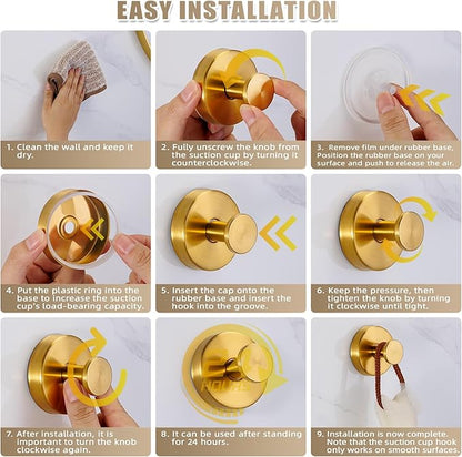 Fenas Suction Cup Hooks for Shower No-Drill Bathroom Hooks for Towels, Robes, Loofah Mountable on Bathroom Walls, Kitchen, Glass, Mirrors, Tile and Smooth,Non-Porous Surfaces (2 Pack, Brushed Gold)