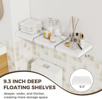 Fun Memories Square Floating Shelves for Wall, 9.3" W x 9.3" D x 1.4" H, Shelves for Wall with Invisible Brackets, Small Wood Storage Shelves for Kitchen, Living Room, Bedroom, Set of 3 (White)