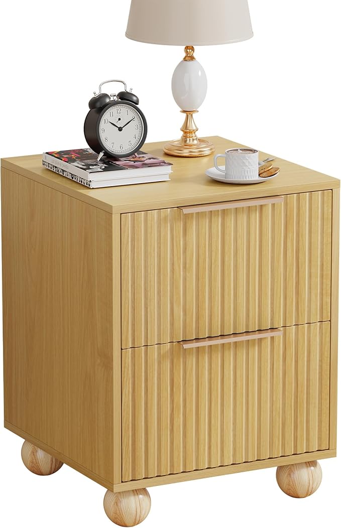 HOCAT Fluted Nightstand, Natural Oak Finish Bedside Table with Spacious Storage Drawers, Night Stand with Solid Wood Round Legs for Bedroom, End Table, Side Table