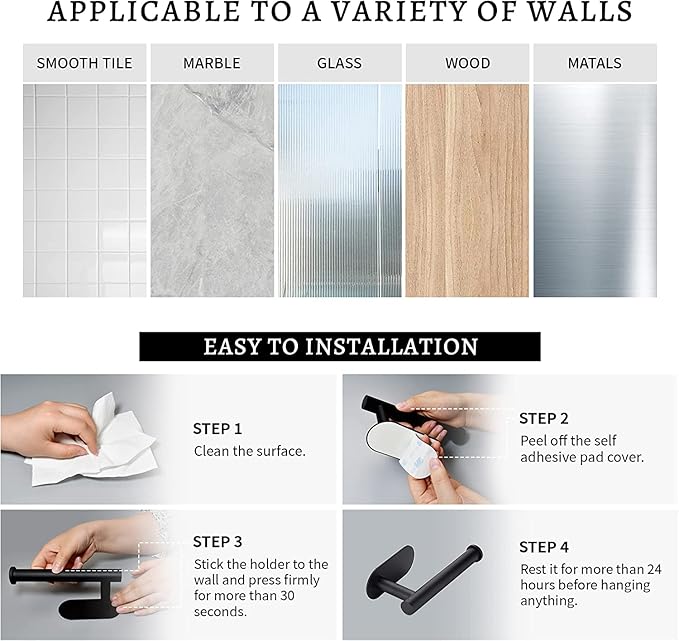 2 Pack-Toilet Paper Holder Self Adhesive Roll Holder Wall Mount for Bathroom and Washroom, No Drilling SUS304 Stainless -Matte Black