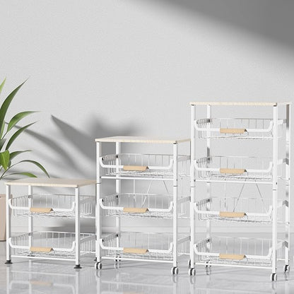 JAQ Fruit Vegetables Carts, 4-Tier Slide Out Metal Storage Basket Stand Rack Organizers with Wood Top and Handle with Rolling Wheels for Snack Veggie Produce in Kitchen Pantry Floor (White, 4 -Tier)