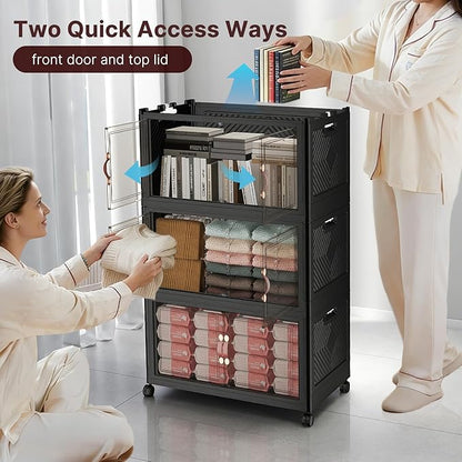 Extra Large Stackable Storage Bins, Lockable Storage Bins with Lids, Folding Storage box with Doors and Wheels, Collapsible Plastic Drawers for Home, Garage, Office (5, Black, Medium)