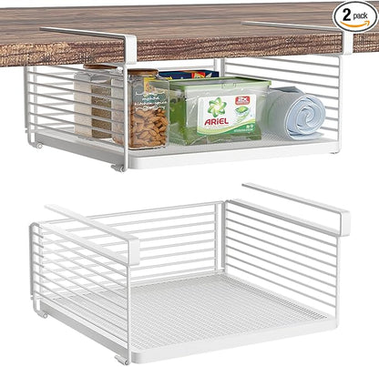 Under Shelf Storage Basket, Hanging Wire Basket with 1.13 Inches Thick Clips for Kitchen, Pantry or Laundry Room, Under Cabinet or Desk Storage Organizer, White, 2 Pack